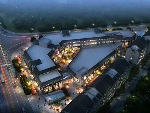  新中式商业街夜景鸟瞰psd 