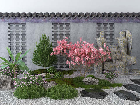  新中式树木花草假山景观小品3d模型 