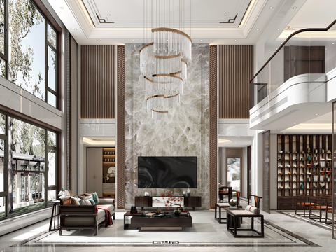  新中式别墅客厅大堂3d模型 