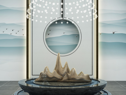  新中式假山水池园艺小品3d模型 