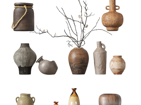  新中式陶器 陶罐 花瓶 器皿3d模型 