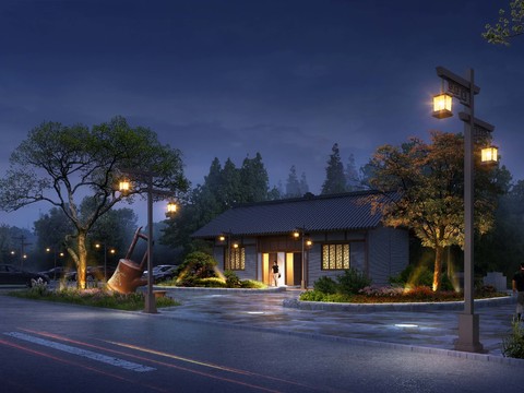  新中式公园夜景景观psd 