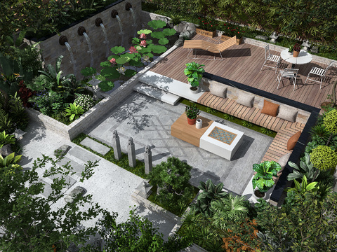  新中式庭院花园鸟瞰3d模型 