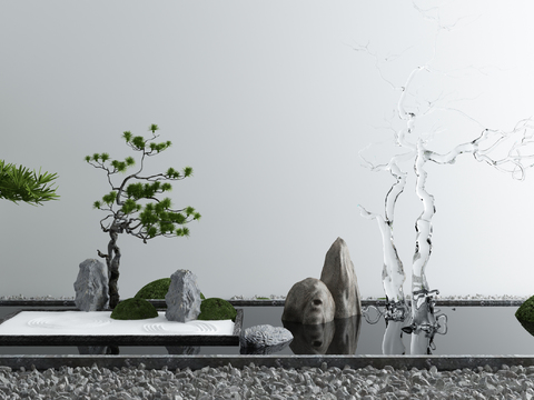  新中式松树山石水景小品3d模型 