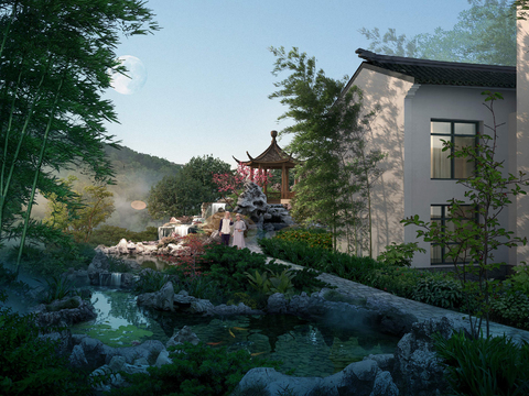  新中式庭院园林景观psd 