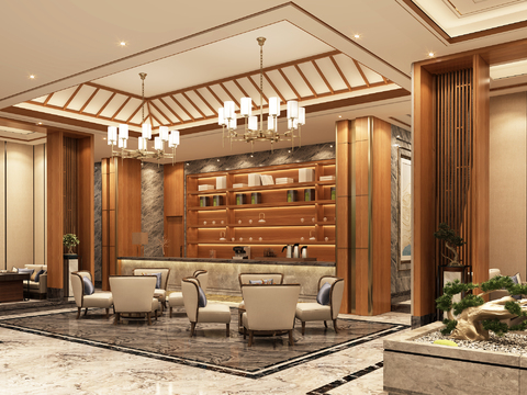  新中式茶楼大厅3d模型 