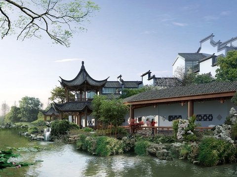  中式湿地廊桥外观psd 