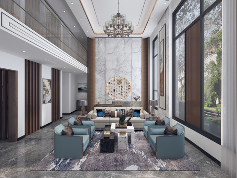  新中式别墅大堂3d模型 