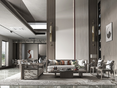  新中式别墅客餐厅3d模型 