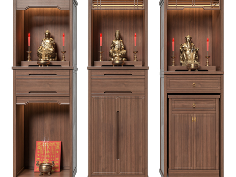  新中式禅意佛龛神柜3d模型下载 木制分层储物柜 佛像烛台宗教装饰 