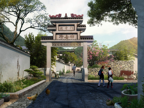  中式农村门头小品景观psd 