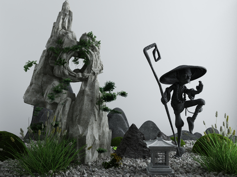  新中式禅意假山景观小品3d模型 