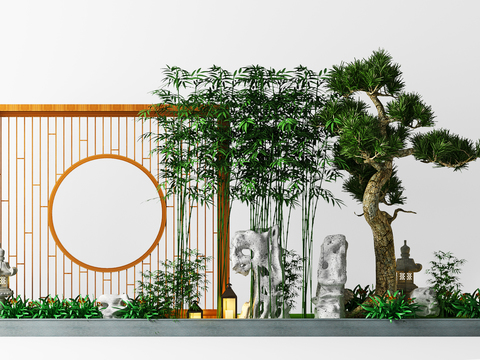  新中式松树假山竹子园艺小品3d模型 
