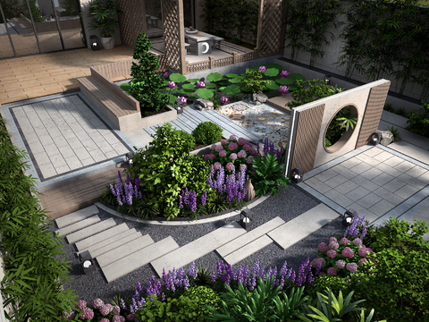  新中式别墅庭院3d模型 