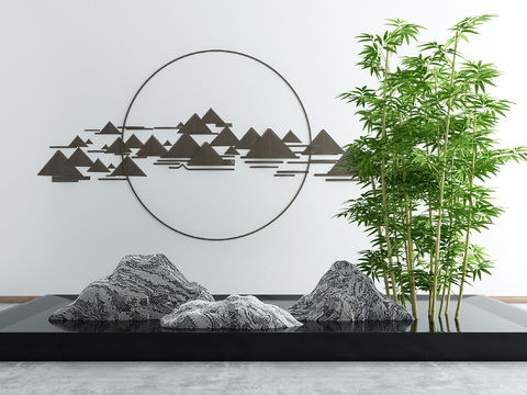  新中式山石竹子景观小品3d模型 