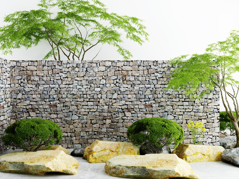  新中式园林景观假山围墙3d模型 