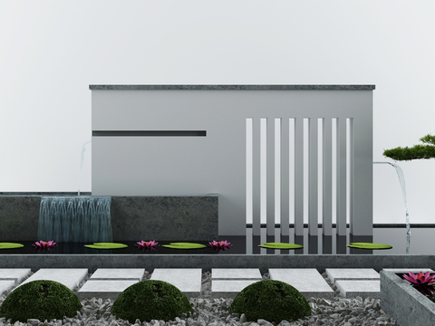  新中式流水荷花荷叶水景小品3d模型 