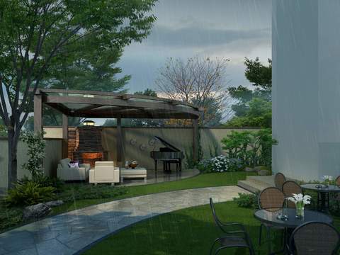  新中式庭院园林景观psd 