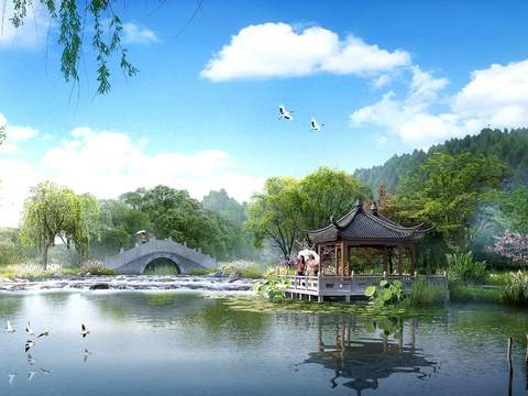  中式园林景观psd 