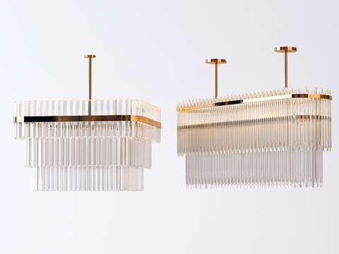  现代方形金色金属框架透明玻璃管吊灯3d模型下载 简约奢华水晶灯饰 室内装饰几何设计客厅灯具 