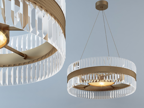  现代奢华水晶吊灯3d模型下载 金属环装饰室内灯具 透明金色光源设计 