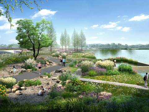  现代湿地园林鸟瞰psd 