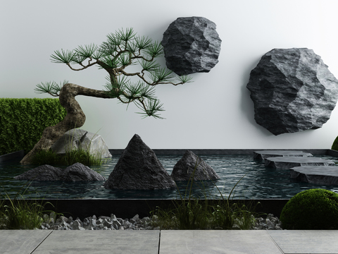  新中式松树水池景观小品3d模型 