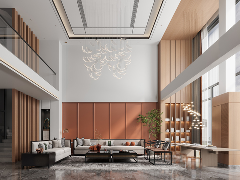  新中式挑空别墅客餐厅3d模型 