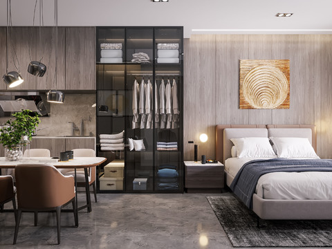  现代单身公寓卧室餐厅3d模型 