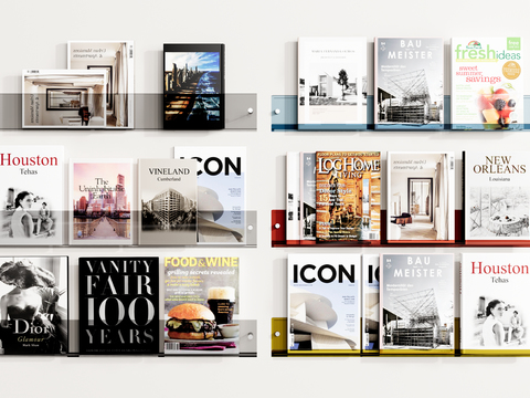  现代简约金属木质壁挂书架3d模型下载 时尚杂志收纳架 客厅书房装饰置物架 