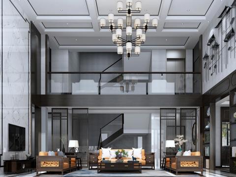  新中式挑空别墅客厅餐厅3d模型 