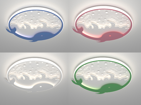  现代简约儿童房吸顶灯3d模型下载 海洋鲸鱼星星灯饰 室内装饰波浪造型灯 