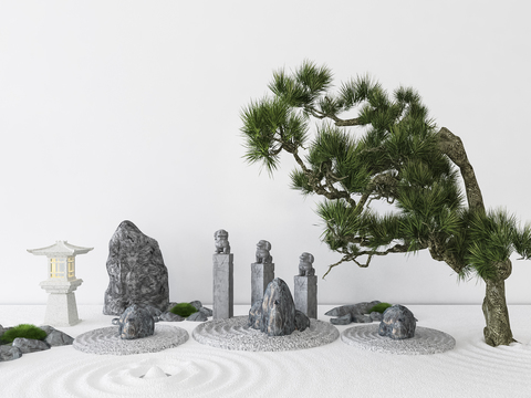  新中式松树石头景观小品3d模型 