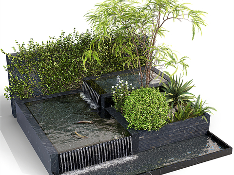  新中式绿植流水景观小品3d模型 