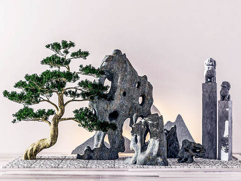  现代松树假山园艺小品3d模型 