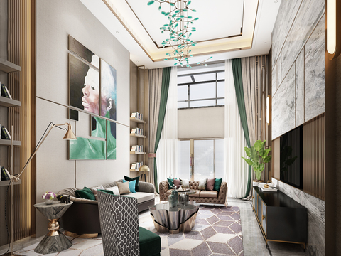  现代轻奢别墅客厅餐厅楼梯玄关3d模型 