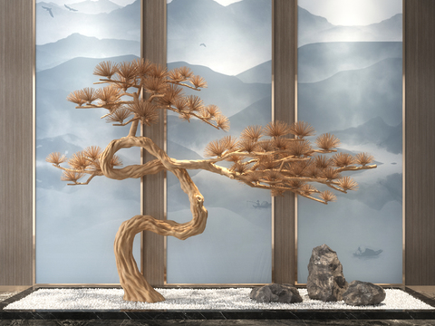  新中式松树枯树石头小品3d模型 