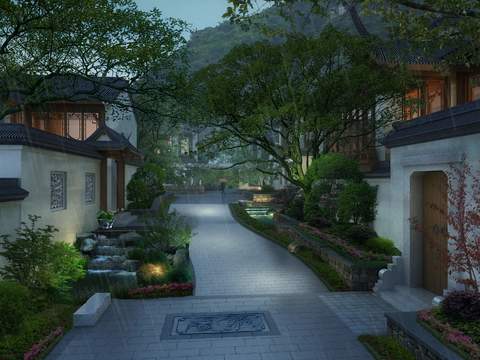  现代公园绿植园林夜景psd 