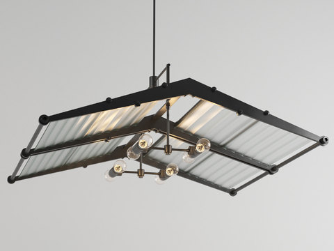  工业风现代简约吊灯3d模型下载 金属框架透明玻璃罩仿屋檐造型灯具 客厅餐厅创意装饰灯 