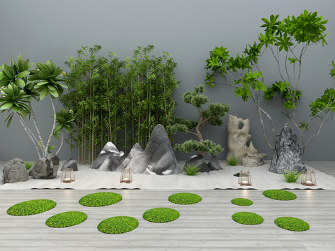  新中式竹子假山石头园艺小品3d模型 