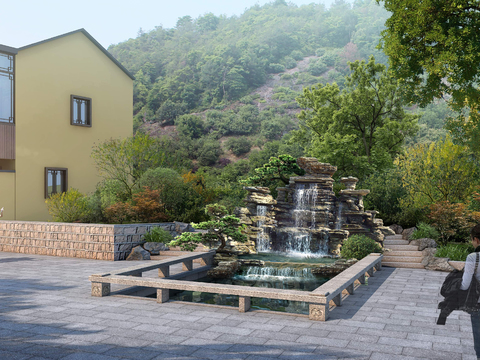  现代假山流水公园园林景观psd 