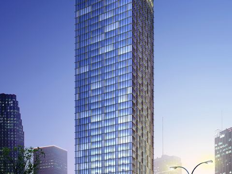  现代现代办公楼建筑外观夜景psd 