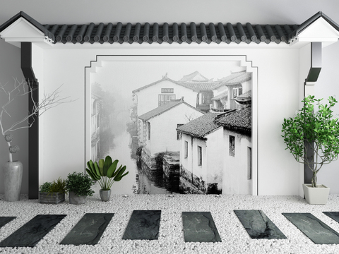  新中式马头墙植物小路园艺小品3d模型 