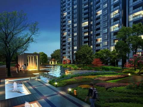  现代小区公园园林夜景psd 