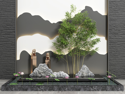  新中式假山荷花小品3d模型 