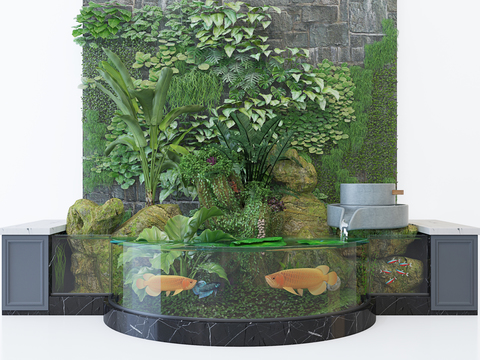  现代绿植假山鱼缸水池小品3d模型 