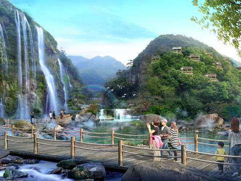  现代山间瀑布廊桥景观psd 