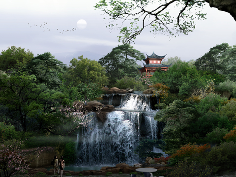  中式园林景观psd 