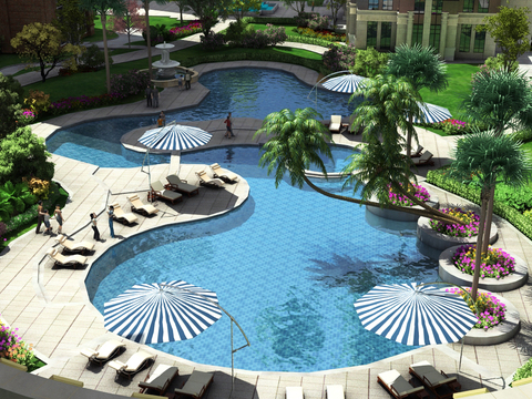  现代住宅小区露天泳池景观3d模型 