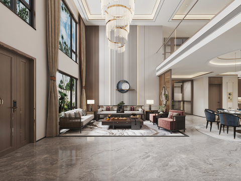  新中式别墅挑空客厅餐厅大堂3d模型 